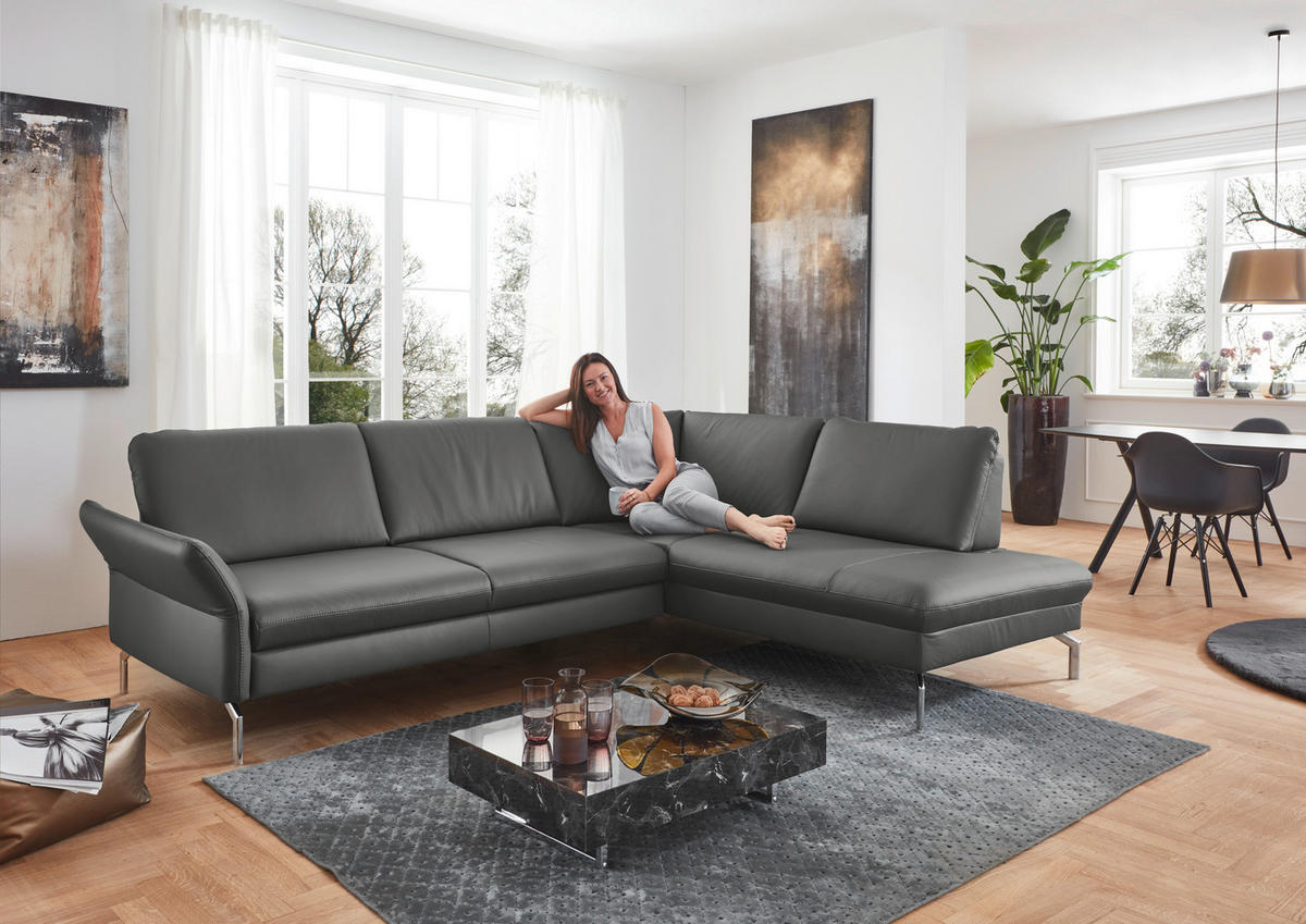 ECKSOFA in Echtleder Anthrazit  284/220 cm  - Anthrazit/Alufarben, KONVENTIONELL, Leder/Metall (284/220cm) - Beldomo Premium