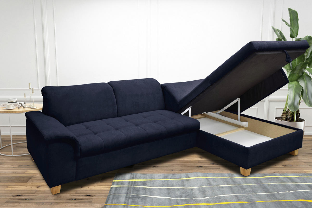 ECKSOFA in Mikrofaser Dunkelblau  279/170 cm  - Eichefarben/Dunkelblau, KONVENTIONELL, Holz/Textil (279/170cm) - MID.YOU