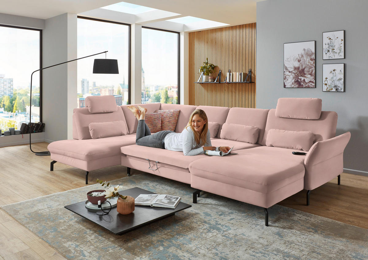 WOHNLANDSCHAFT in Velours Rosa  - Schwarz/Rosa, Design, Textil/Metall (220/335/179cm) - Beldomo System