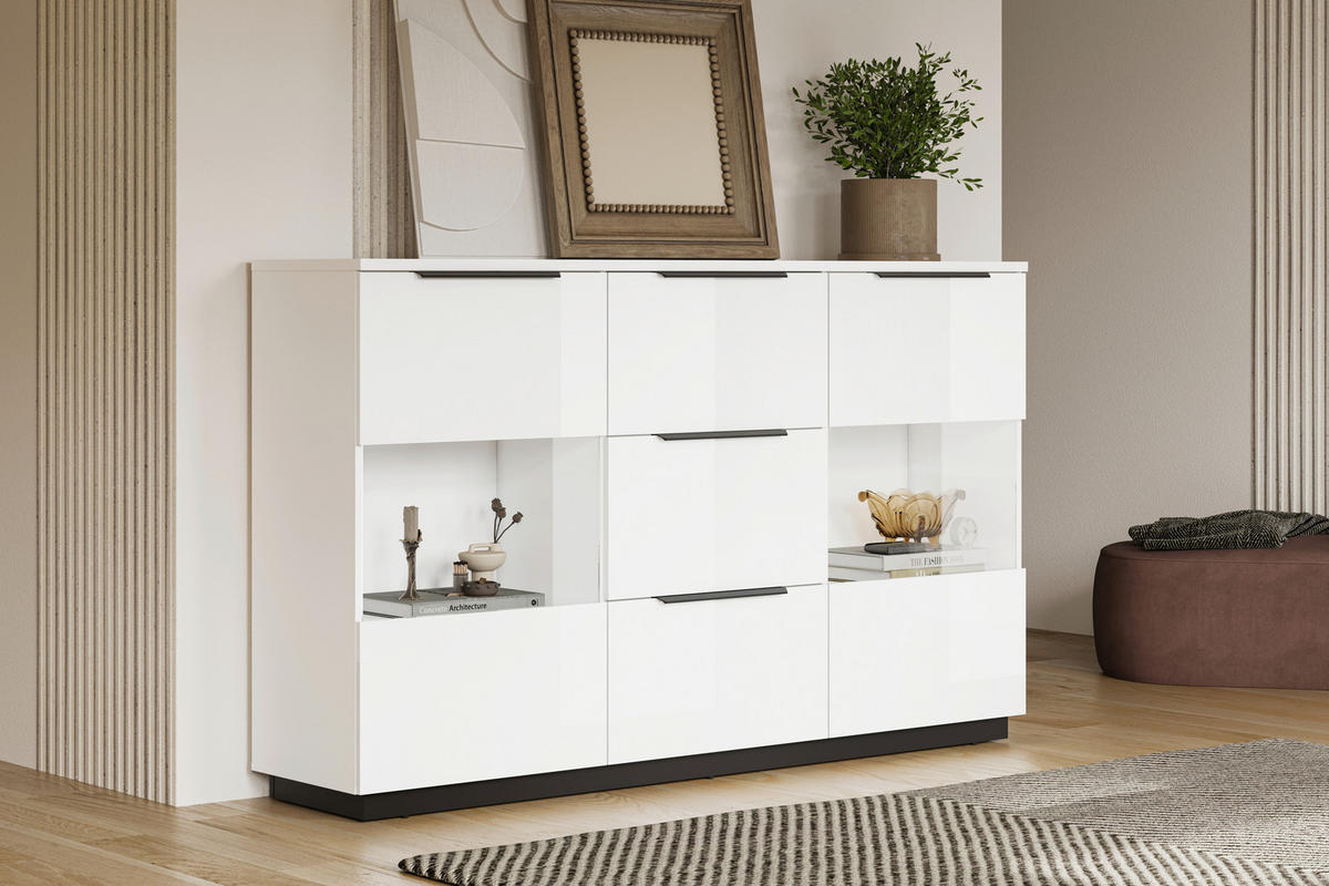 HIGHBOARD Tuluza 180/109,2/40,5 cm 3 Schublade(n)  - Weiss Hochglanz/Weiss, Design, Glas/Holzwerkstoff (180/109,2/40,5cm) - MID.YOU