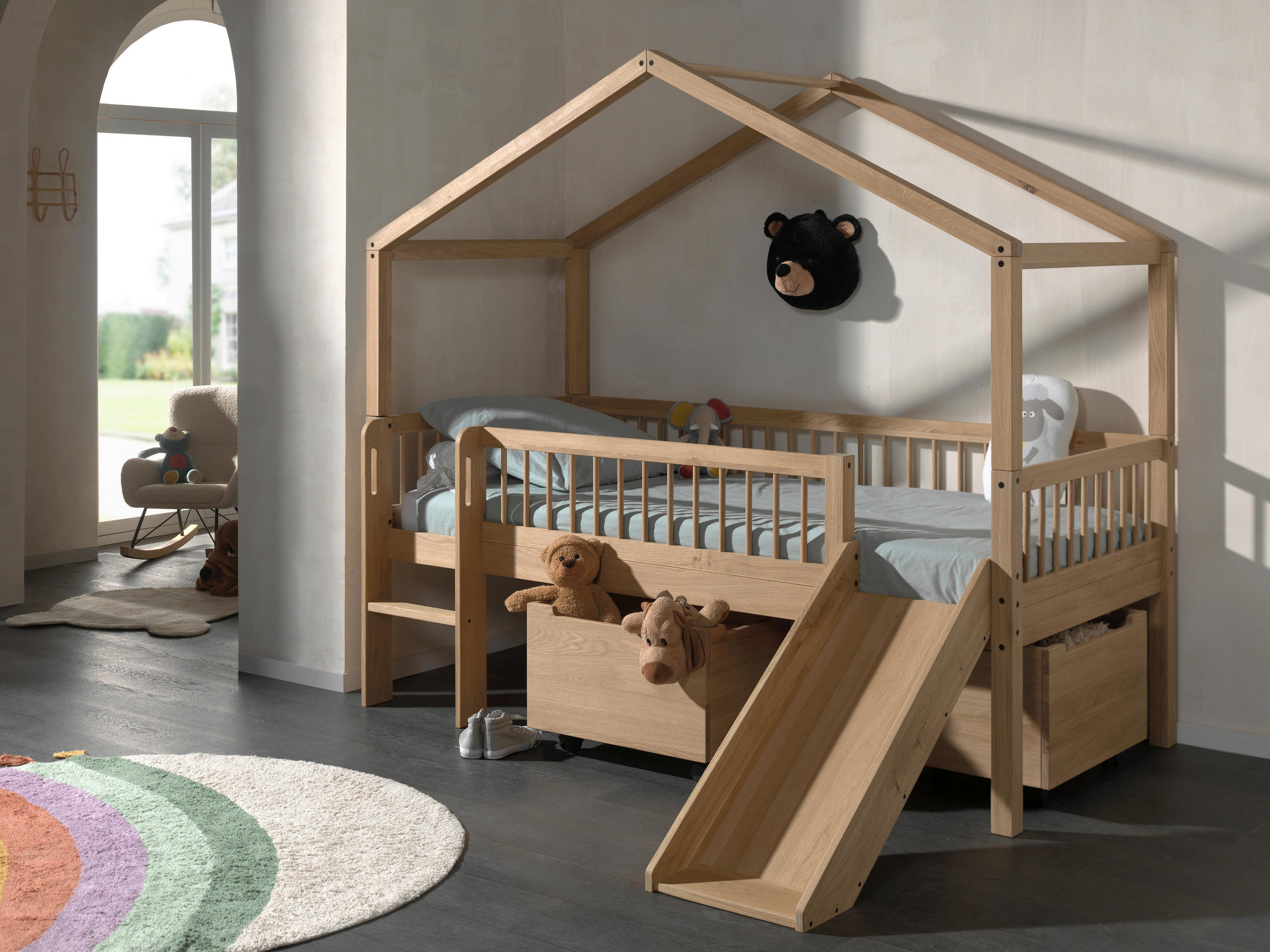 HAUSBETT Absturzsicherung, Leiter, Rutsche, Rollrost, Bettschublade 90/200 cm  - Eichefarben/Naturfarben, MODERN, Holz (90/200cm) - MID.YOU