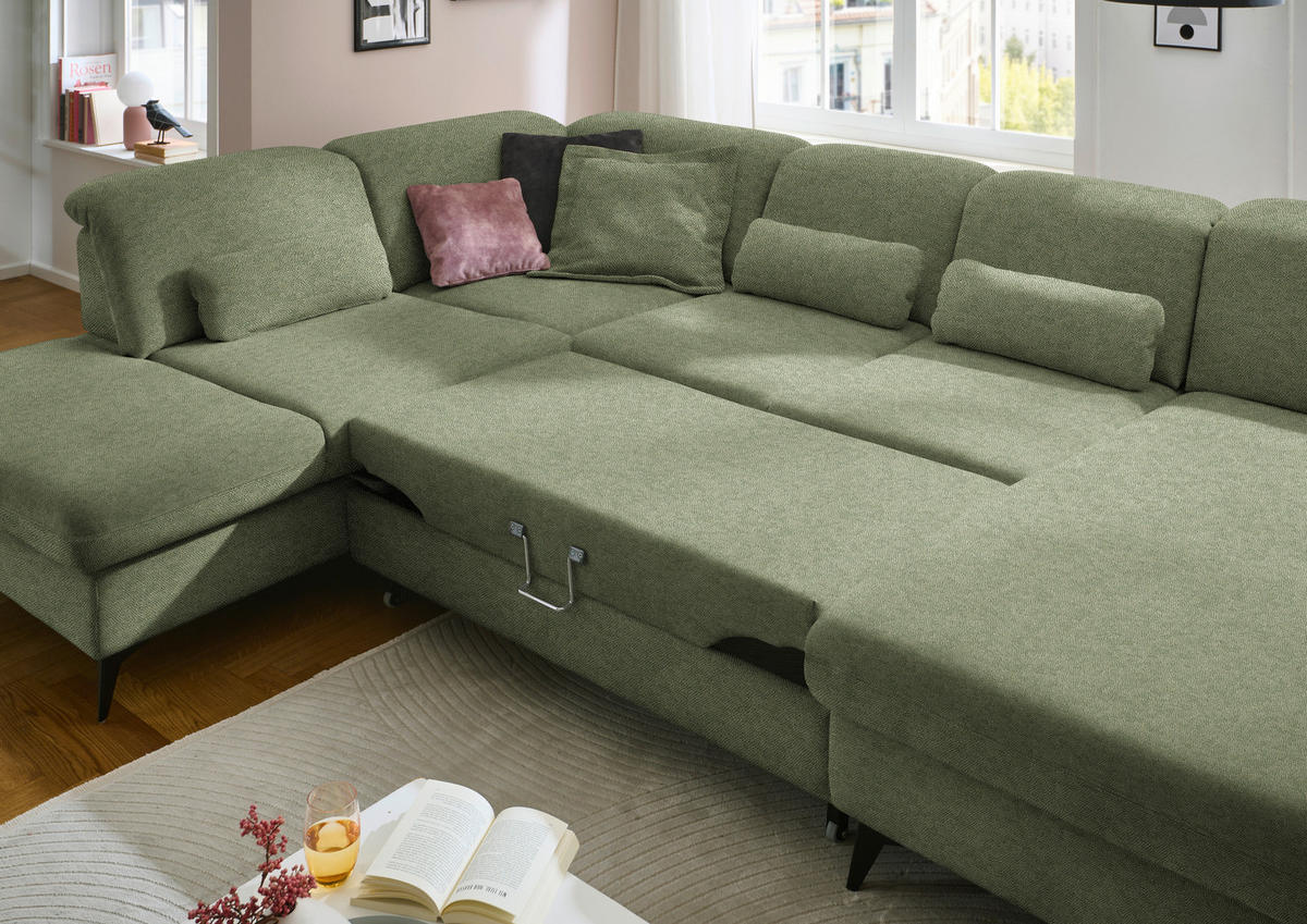 WOHNLANDSCHAFT Chenille Olivgrün  - Schwarz/Olivgrün, Design, Textil/Metall (255/369/198cm) - Beldomo Style