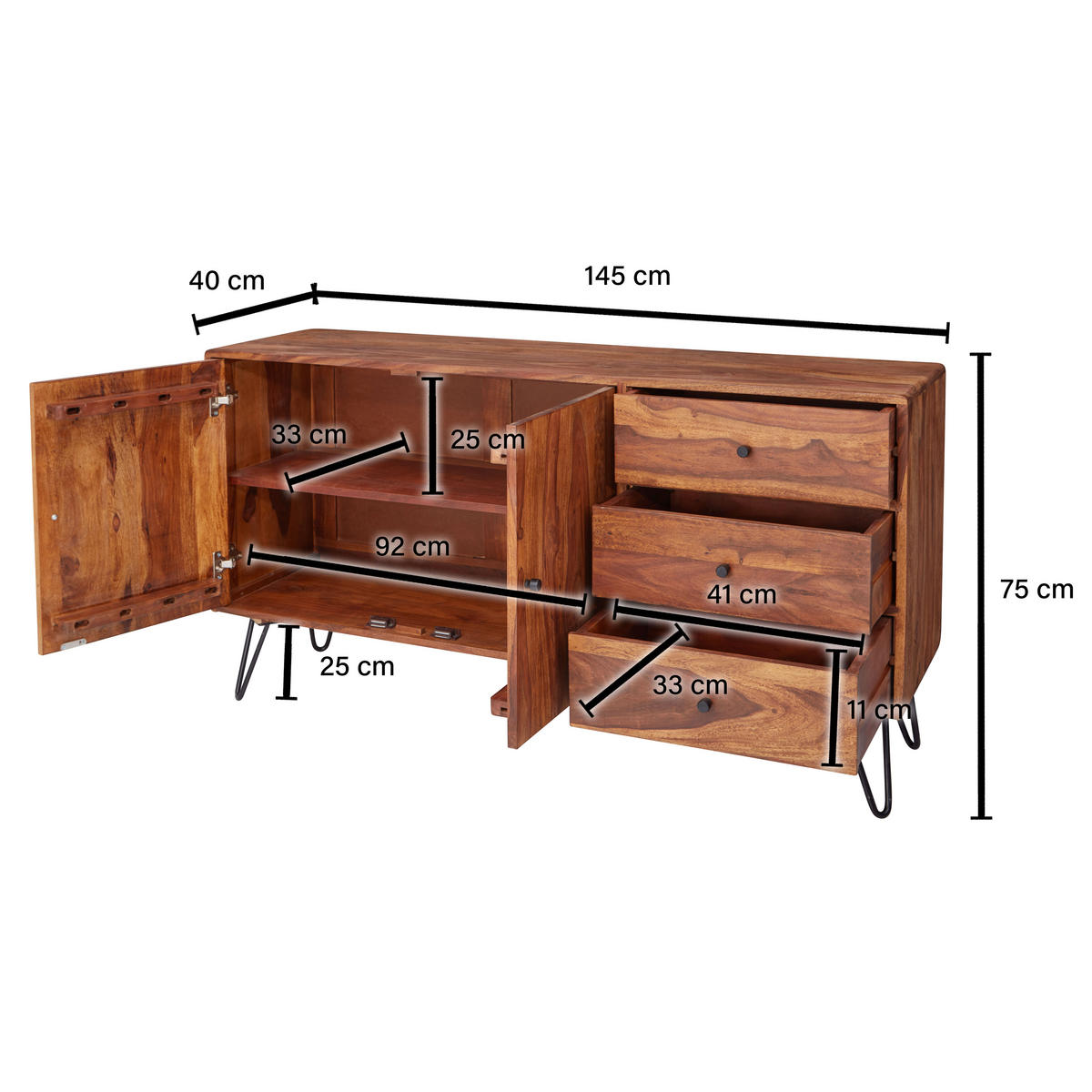 SIDEBOARD  in 145/75/40 cm  - Sheeshamfarben/Schwarz, Design, Holz/Metall (145/75/40cm) - MID.YOU