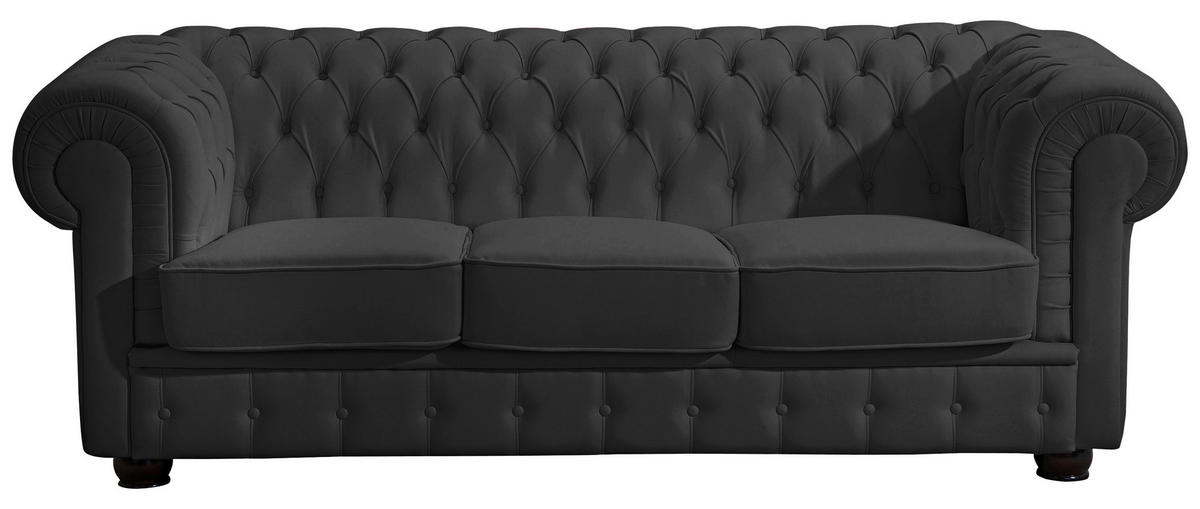 CHESTERFIELD-DREISITZER-SOFA in Echtleder Schwarz  - Nussbaumfarben/Schwarz, Design, Leder/Holz (200/76/98cm) - Max Winzer