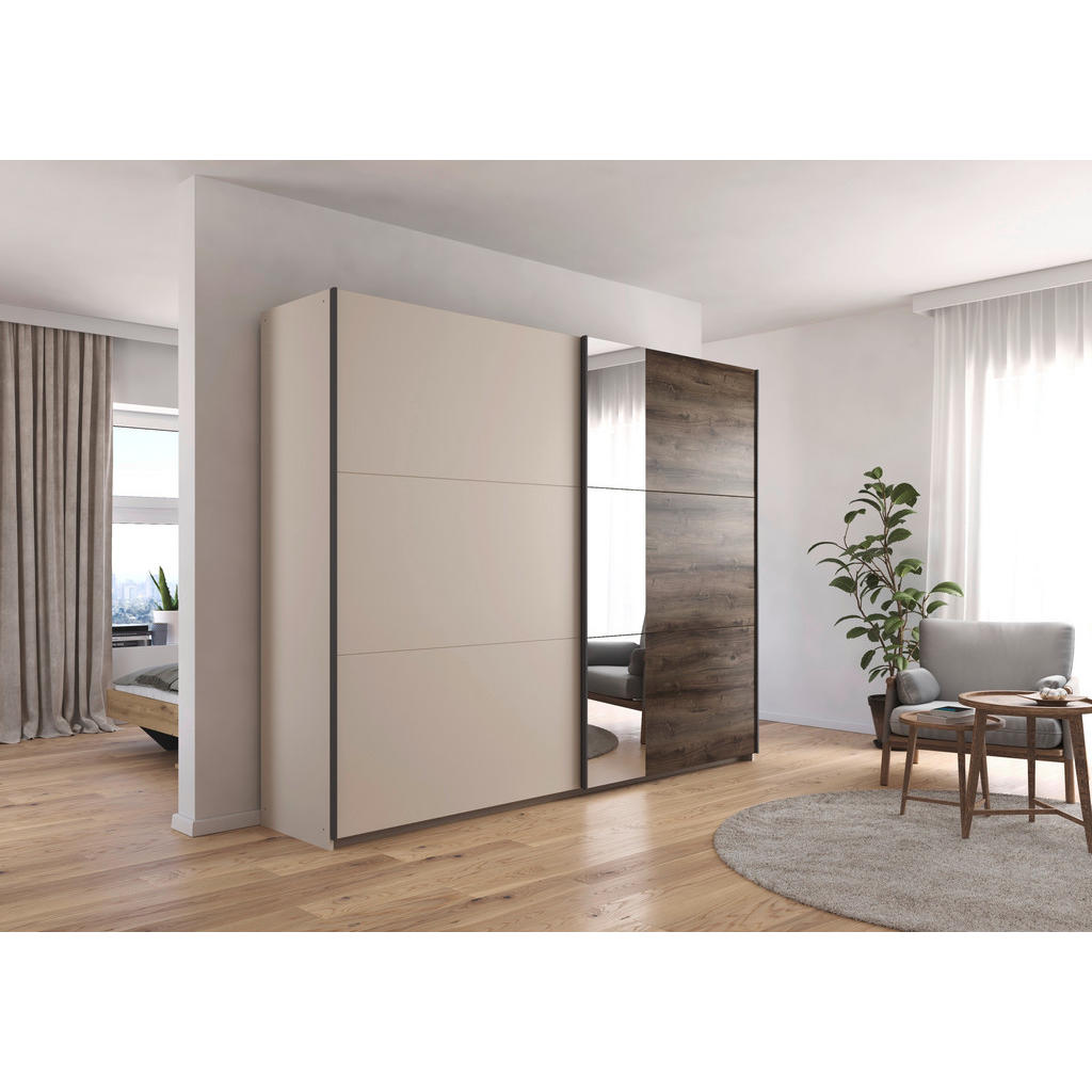 Thumbnail - Schwebetürenschrank, Champagner, Eiche dunkel, Klar, Metall, 2 Fächer, 218x210x59 cm, Blauer Engel, Goldenes M, Made in ...
