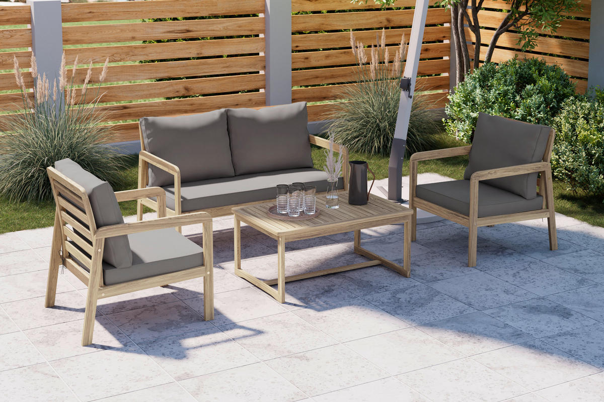 VRTNI SET   drvo, tekstil  svijetlo siva, boje tikovine    - boje tikovine/svijetlo siva, Moderno, drvo/tekstil (85/116/60/35/72/72/55/64/64cm) - Ambia Garden