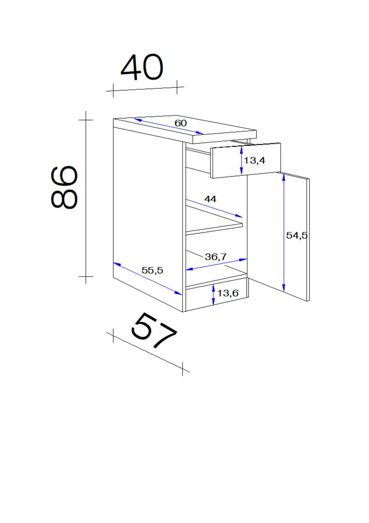 KÜCHENUNTERSCHRANK 40/86/60 cm  in Weiß, Weiß Hochglanz  - Schieferfarben/Edelstahlfarben, MODERN, Holzwerkstoff/Metall (40/86/60cm) - FlexWell