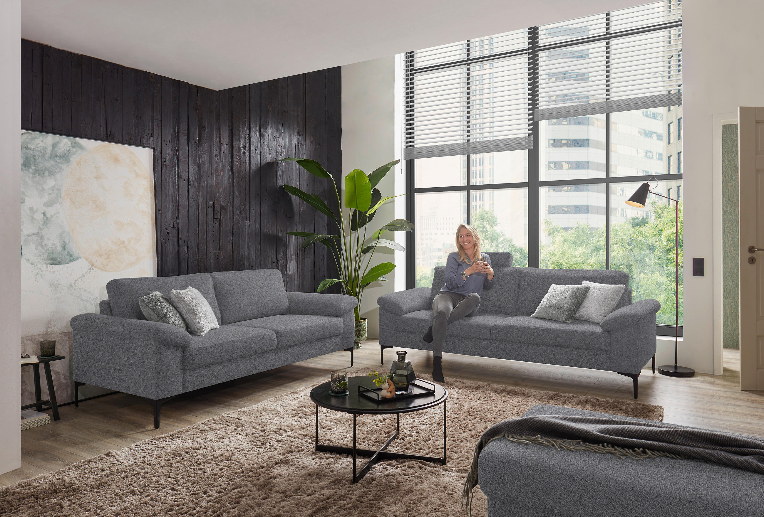 3-SITZER-SOFA in Flachgewebe Grau  - Schwarz/Grau, Design, Textil/Metall (226/89/97cm) - Pure Home Lifestyle