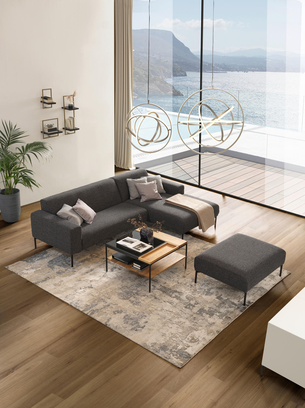 ECKSOFA in Flachgewebe Anthrazit  - Anthrazit/Schwarz, Design, Textil/Metall (264/168cm) - Johann Jakob