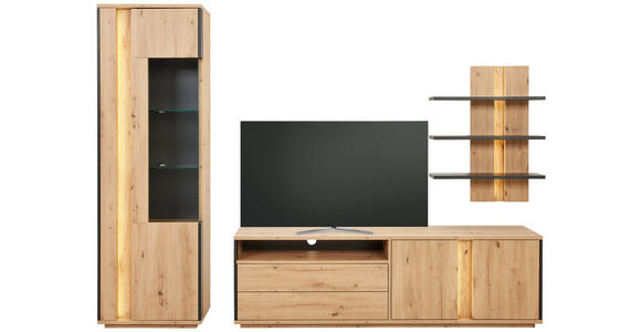 WOHNWAND 3-teilig  in Grau, Eichefarben  252/200/41 cm  - Eichefarben/Grau, Design, Glas/Holzwerkstoff (252/200/41cm) - Cantus