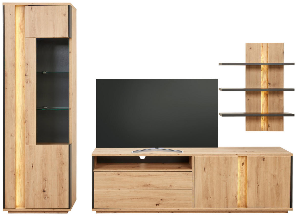 WOHNWAND 3-teilig  in Grau, Eichefarben  252/200/41 cm LED-Leuchtmittel   - Eichefarben/Grau, Design, Glas/Holzwerkstoff (252/200/41cm) - Cantus