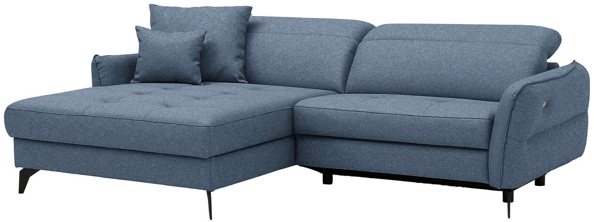 ECKSOFA MANTA in Flachgewebe Blau Bettkasten, Rücken echt, Relaxfunktion, Kopfteilverstellung  175/246 cm  - Blau/Schwarz, Design, Textil/Metall (175/246cm) - Celina