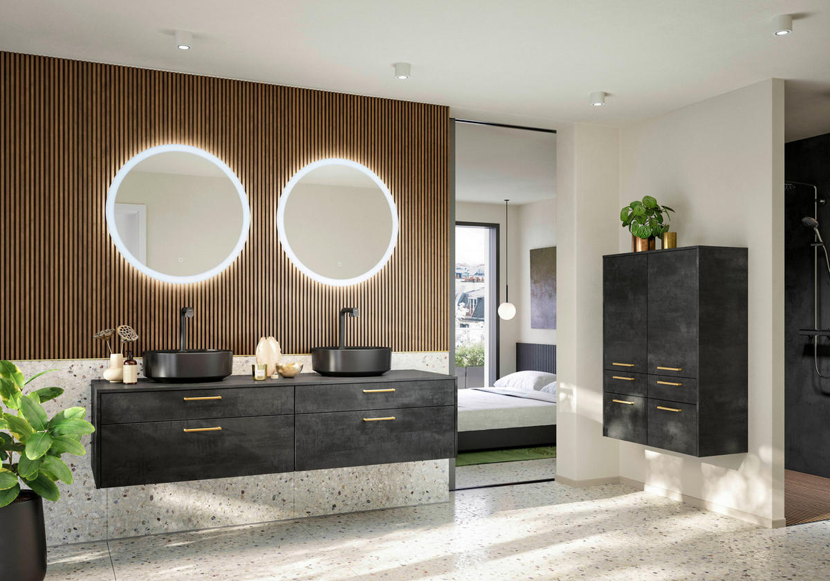 BADEZIMMER 3-teilig  in 81 cm  - Edelstahlfarben/Weiß Hochglanz, MODERN, Holzwerkstoff/Stein (81cm) - Nobilia