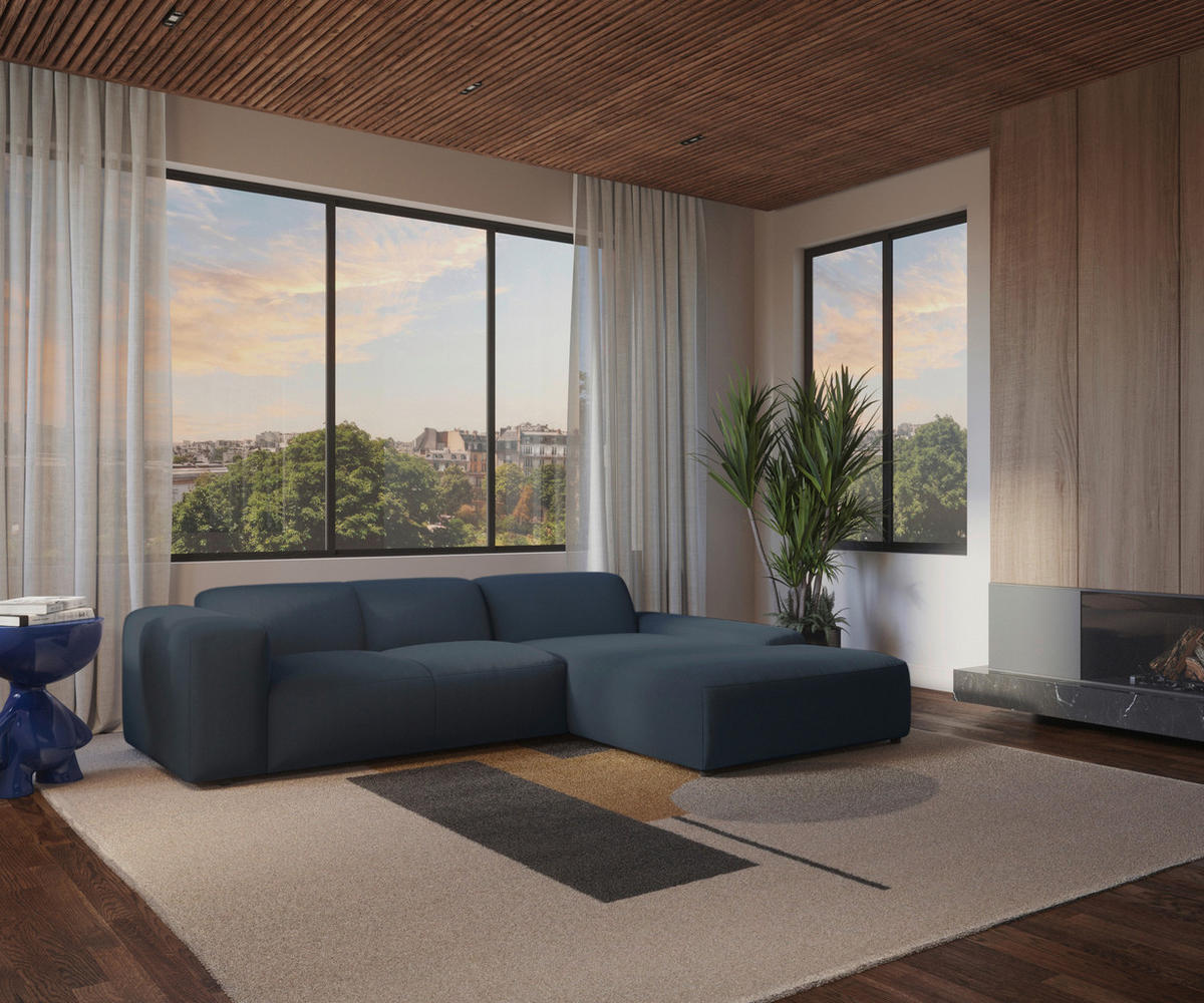 ECKSOFA HANNAH Blau Cord  - Blau/Schwarz, Design, Kunststoff/Textil (304/200cm) - MID.YOU