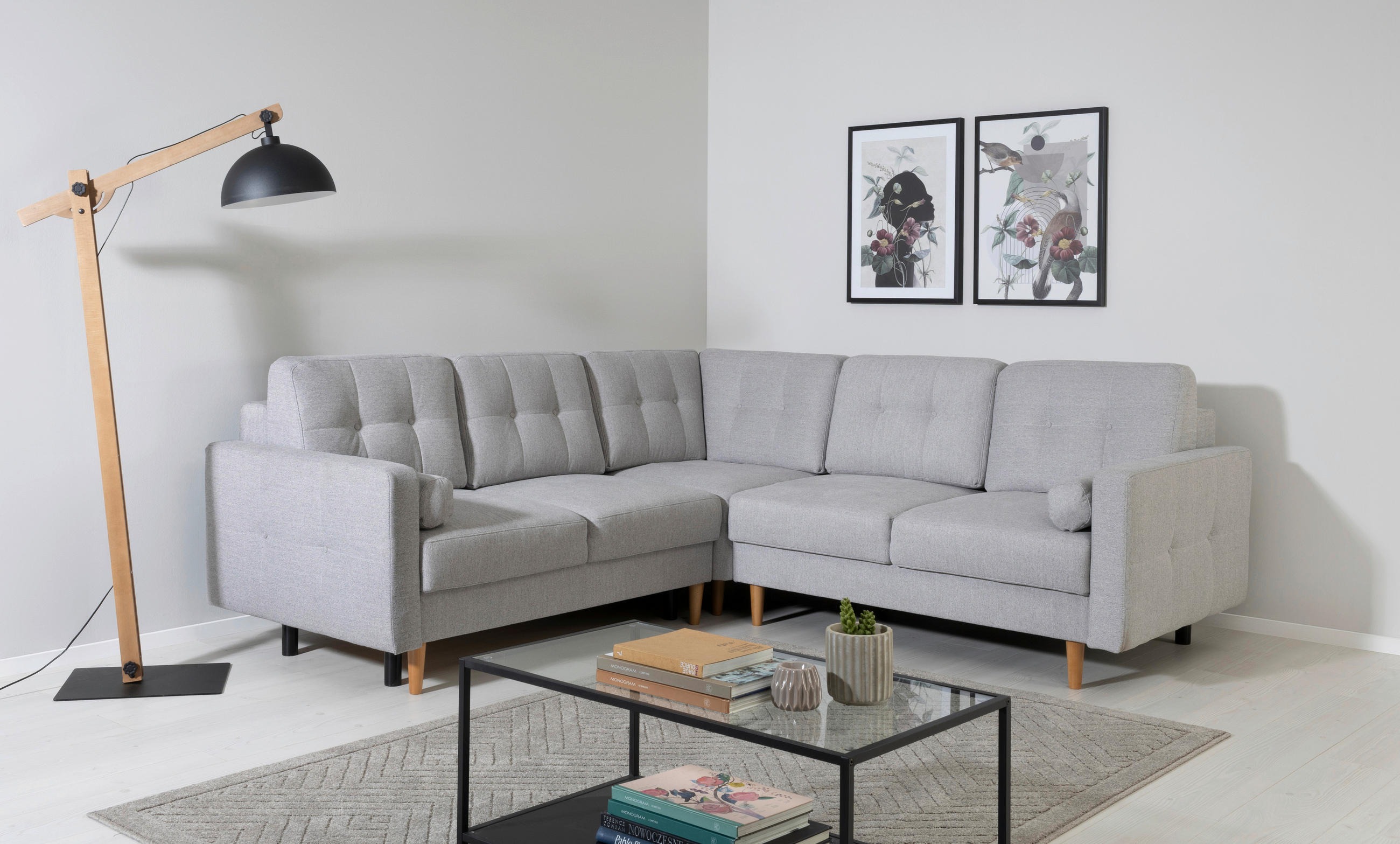 ECKSOFA Noret Hellgrau  - Buchefarben/Hellgrau, Design, Holz/Textil (242/242cm) - MID.YOU