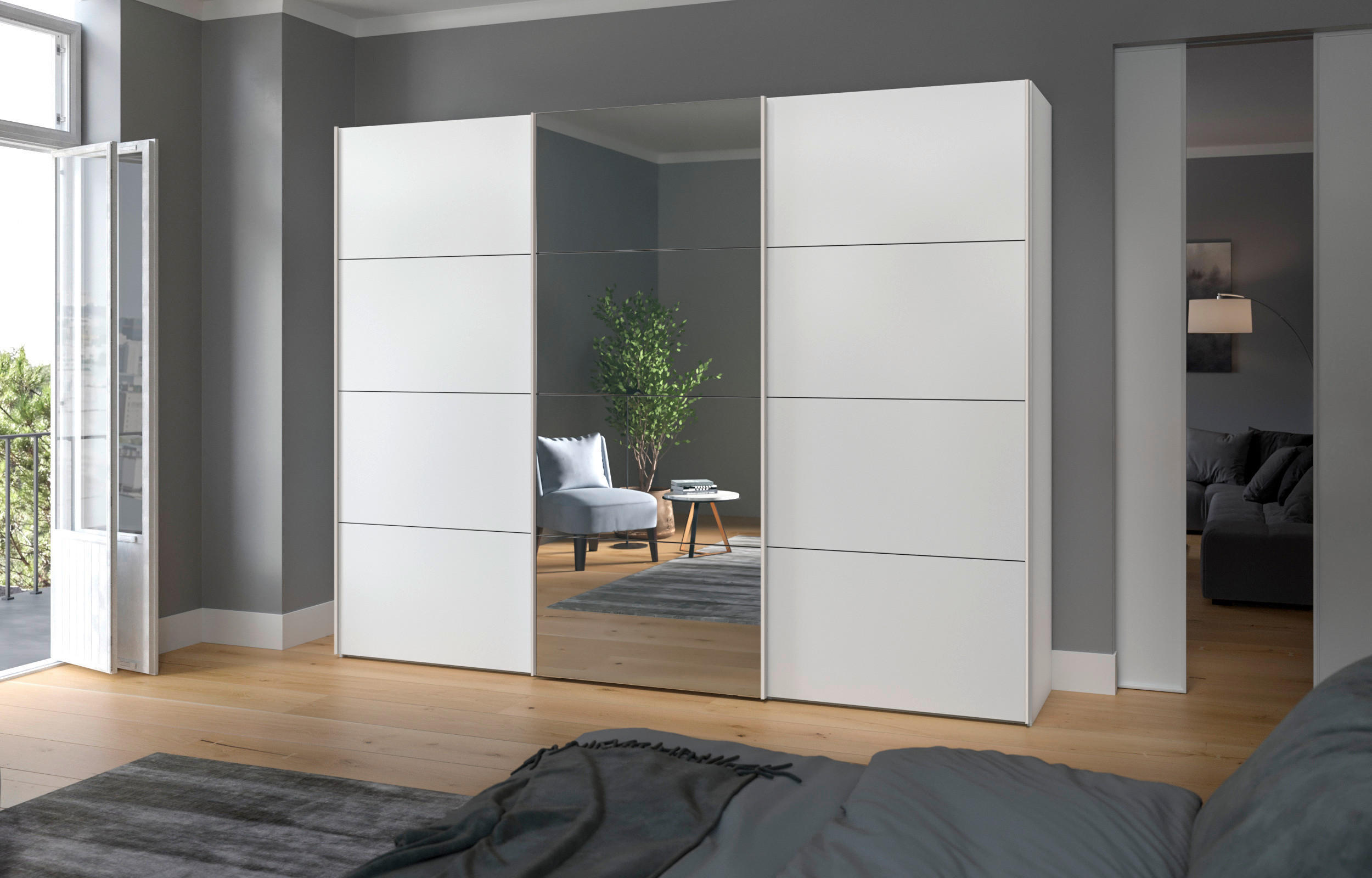 SCHWEBETÜRENSCHRANK 303/236/65 cm 3-türig Weiß  - Edelstahlfarben/Weiß, Design, Glas/Holzwerkstoff (303/236/65cm) - Boxxx