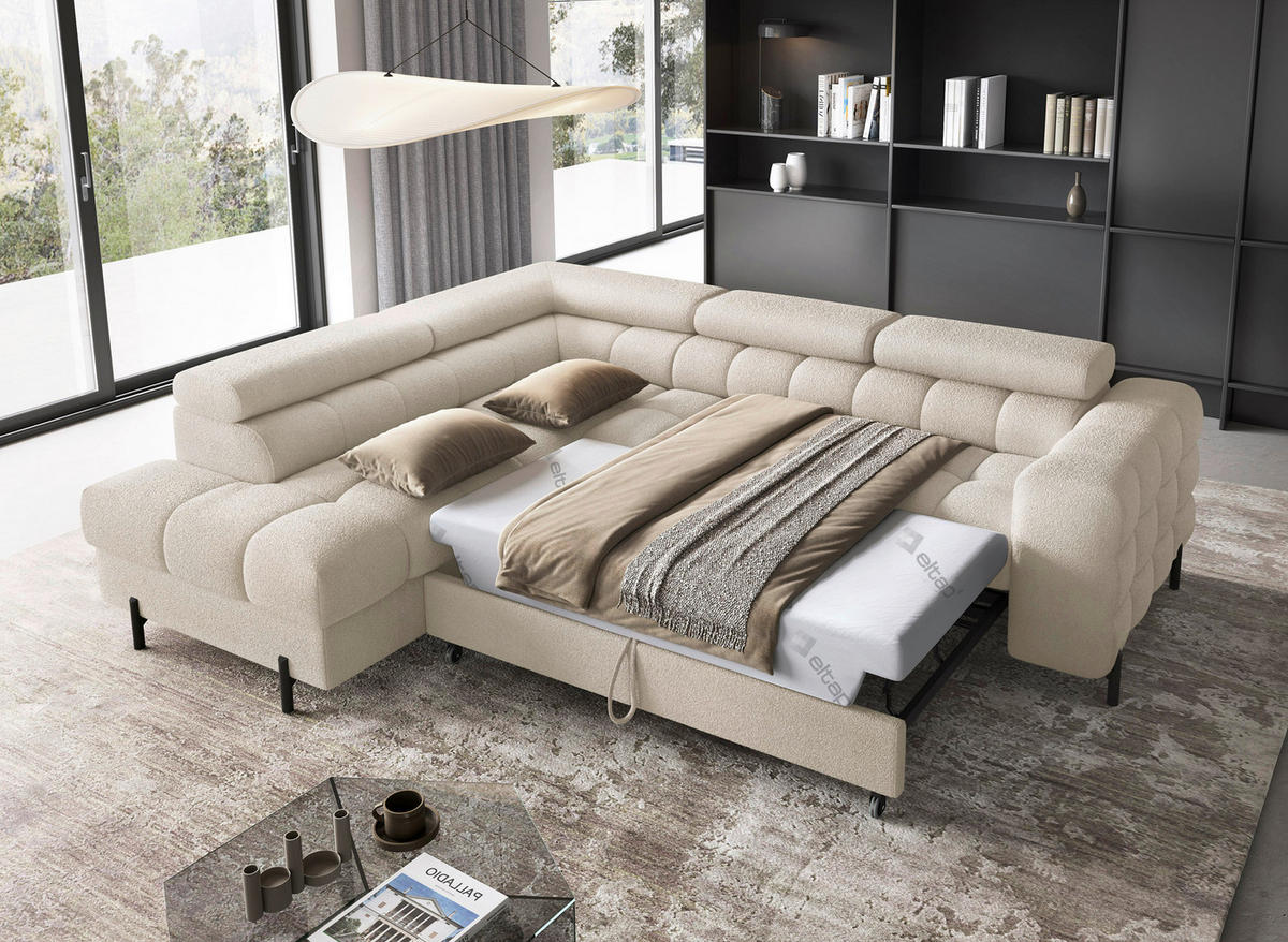 ECKSOFA FERUCCE Creme Teddystoff Bettkasten, Kopfteilverstellung  - Creme/Schwarz, Design, Textil/Metall (200/276cm) - MID.YOU