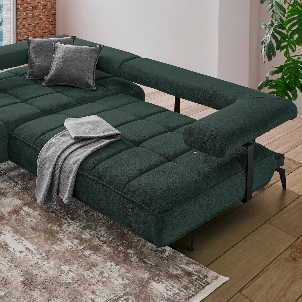 ECKSOFA in Webstoff Dunkelgrün  - Dunkelgrün/Schwarz, Design, Textil/Metall (180/266cm) - Welnova