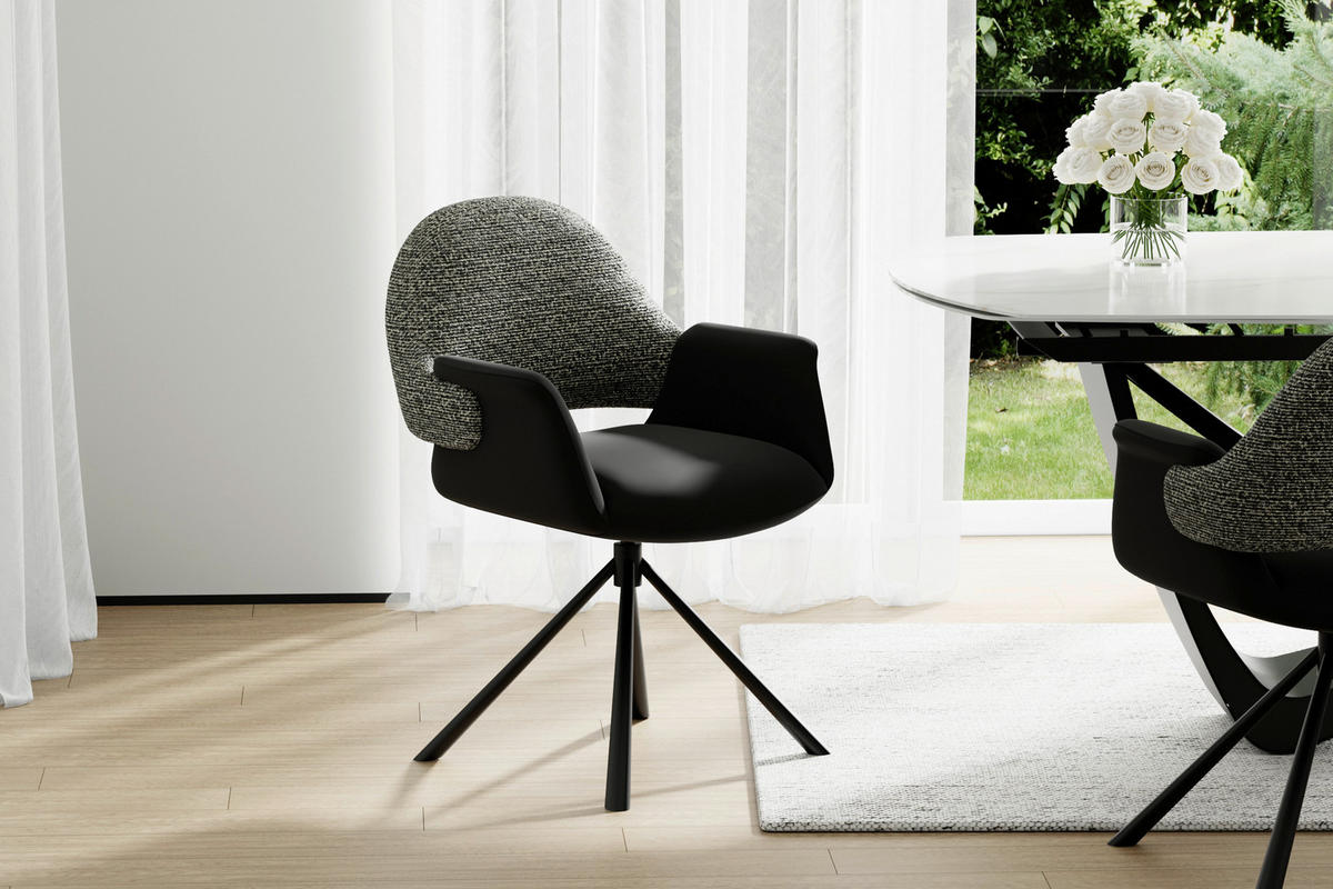 ARMLEHNSTUHL  Sitzfläche 360° drehbar, inklusive Armlehnen, automatische Rückholfunktion Webstoff Echtleder  - Schwarz, Design, Leder/Textil (62,5/86/64cm) - Novel