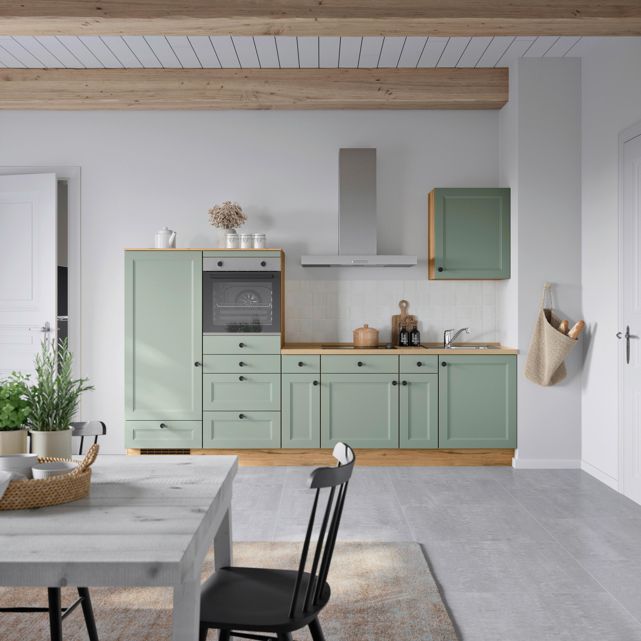 KÜCHENBLOCK 300 cm   in Eichefarben, Schilfgrün  - Schilfgrün/Eichefarben, MODERN, Holzwerkstoff/Metall (300cm) - Nobilia