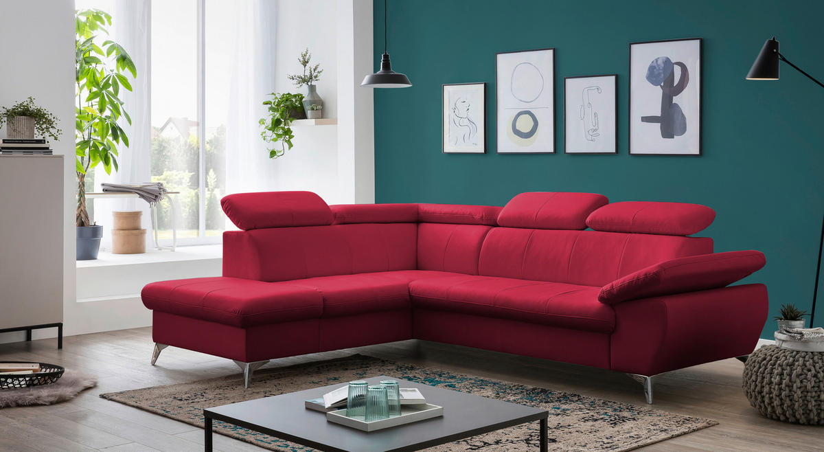 ECKSOFA in Lederlook Rot  - Chromfarben/Rot, KONVENTIONELL, Textil/Metall (209/256cm) - Livetastic