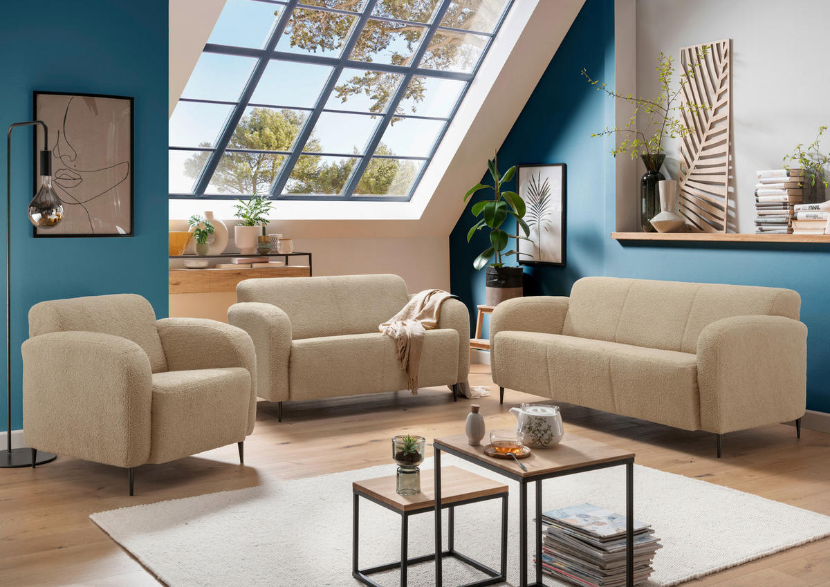3-SITZER-SOFA in Teddystoff Creme  - Creme/Schwarz, Modern, Textil/Metall (180/76/90cm) - Livetastic