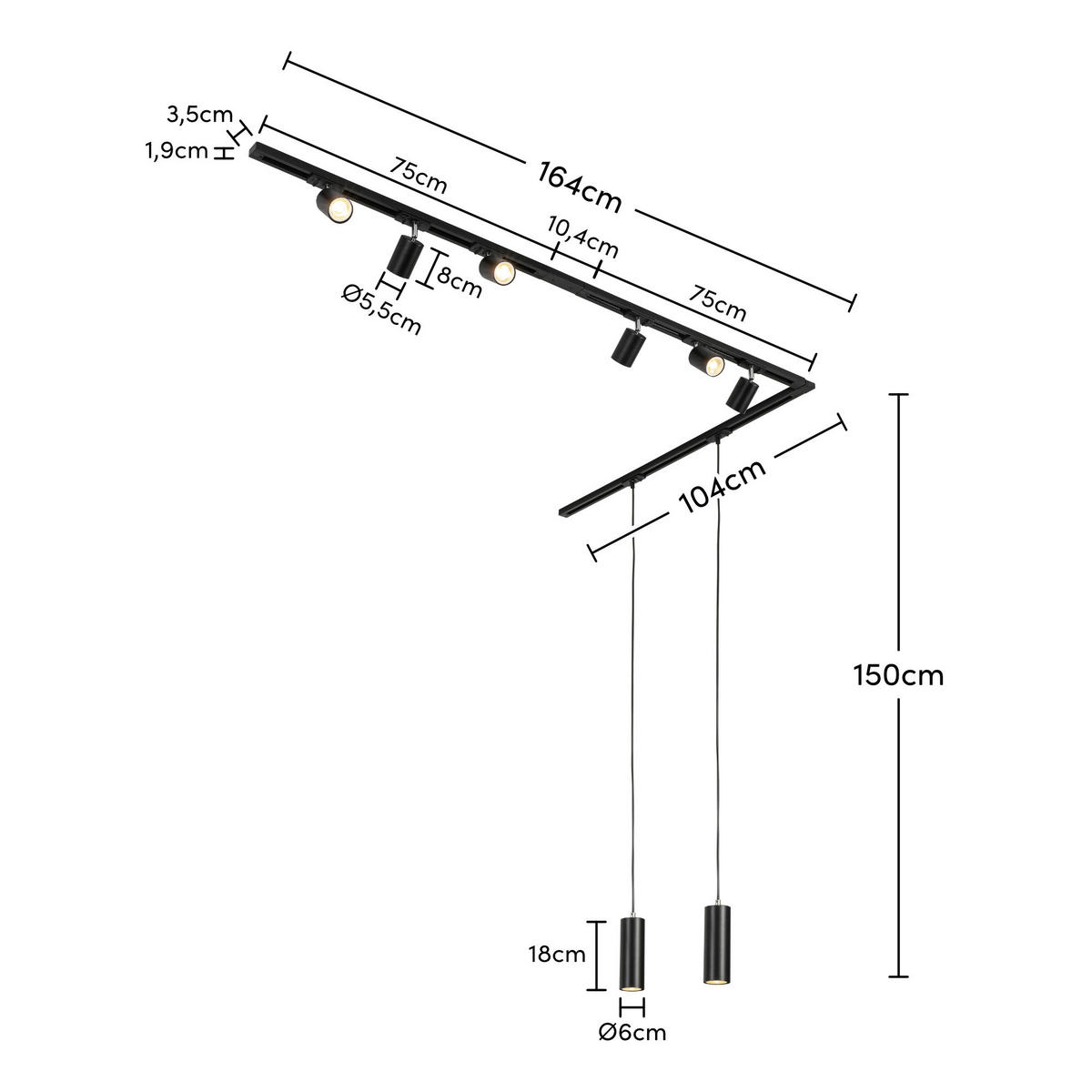 DECKENLEUCHTE 262 cm   - Schwarz, Trend, Kunststoff/Metall (262cm) - Novel
