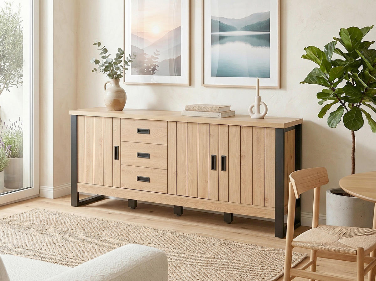 SIDEBOARD  173,4/75/39 cm 3 Schublade(n)  - Eichefarben/Schwarz, KONVENTIONELL, Holzwerkstoff/Metall (173,4/75/39cm) - MID.YOU