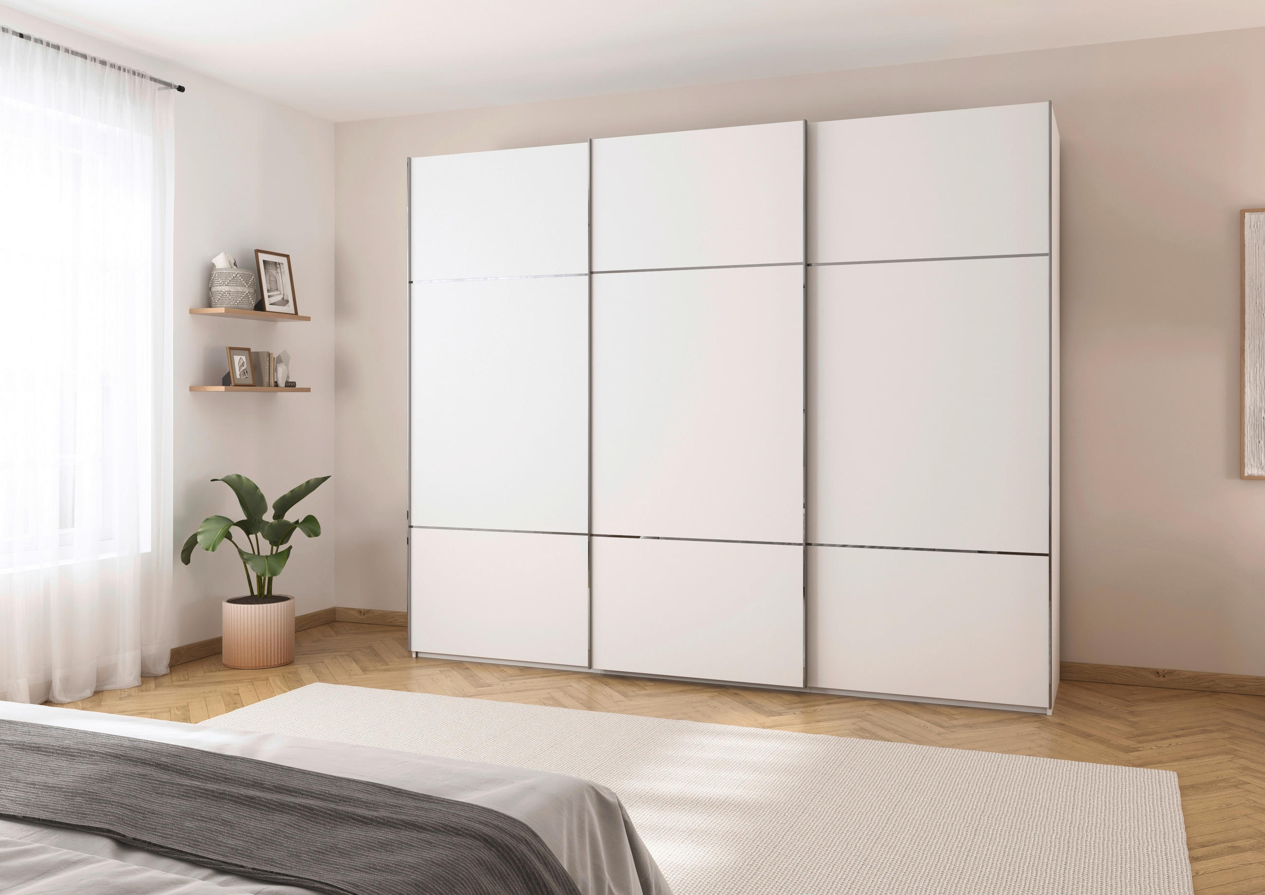 SCHWEBETÜRENSCHRANK 301/223/68 cm 3-türig Weiß  - Chromfarben/Weiß, KONVENTIONELL, Holzwerkstoff/Metall (301/223/68cm) - Novel
