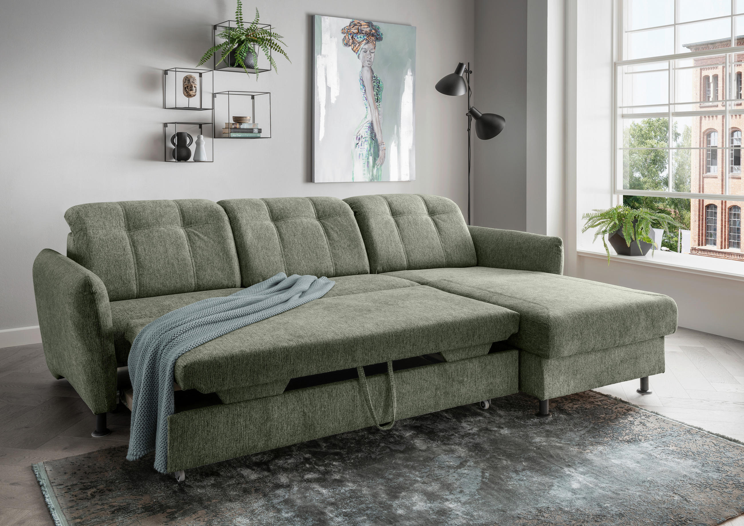 ECKSOFA in Chenille Grün  - Schwarz/Grün, Modern, Textil/Metall (267/184cm) - Livetastic