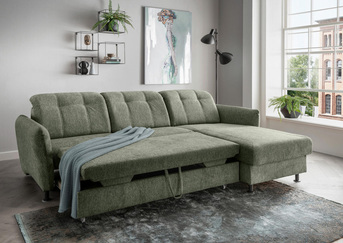 ECKSOFA in Chenille Grün  - Schwarz/Grün, Modern, Textil/Metall (267/184cm) - Livetastic