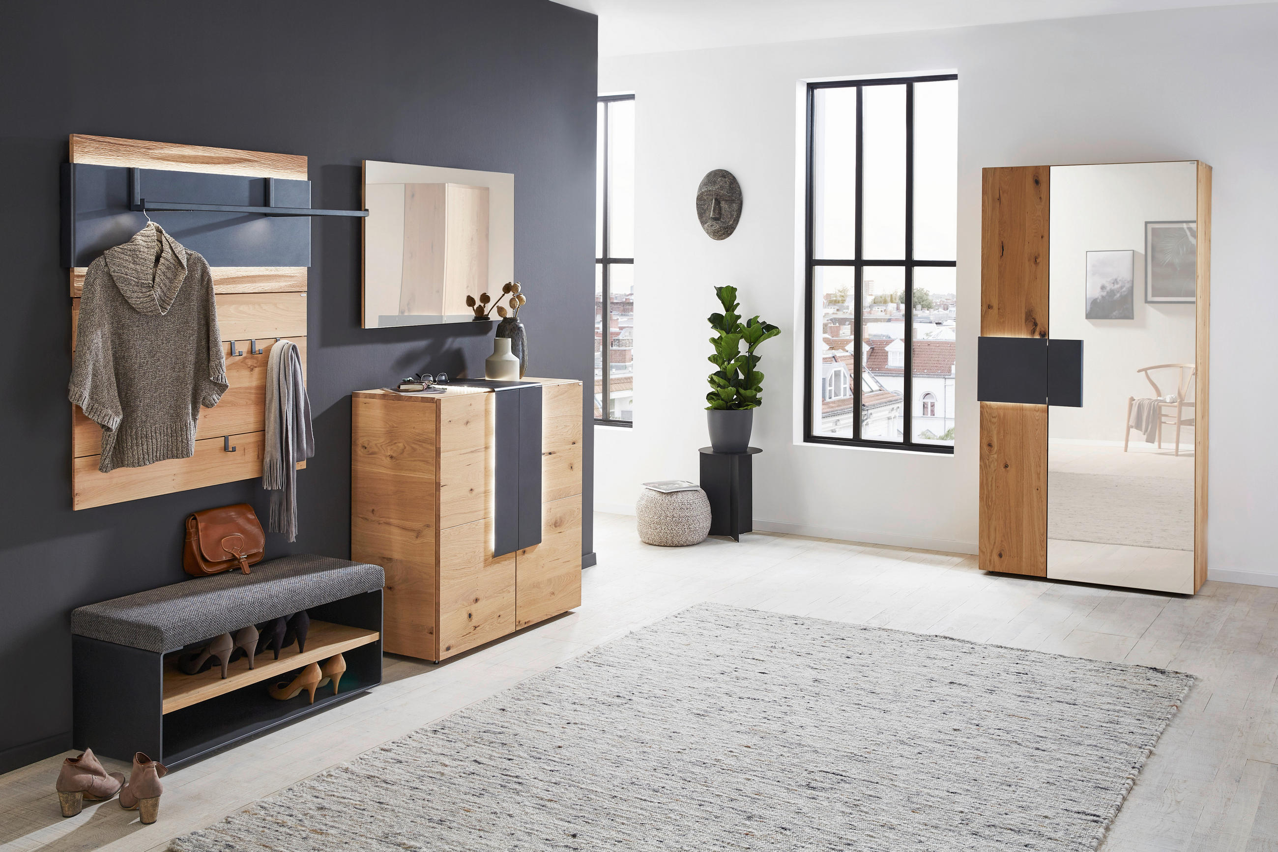 GARDEROBENSCHRANK  in 97,2/194/43,5 cm  - Eichefarben/Anthrazit, Natur, Glas/Holz (97,2/194/43,5cm) - Voglauer