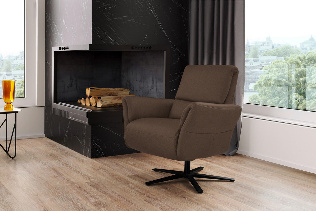 RELAXSESSEL Echtleder Relaxfunktion, Kopfteilverstellung, Nackenkissen    - Schwarz/Braun, Design, Leder/Metall (81/118/82cm) - Schöner Wohnen