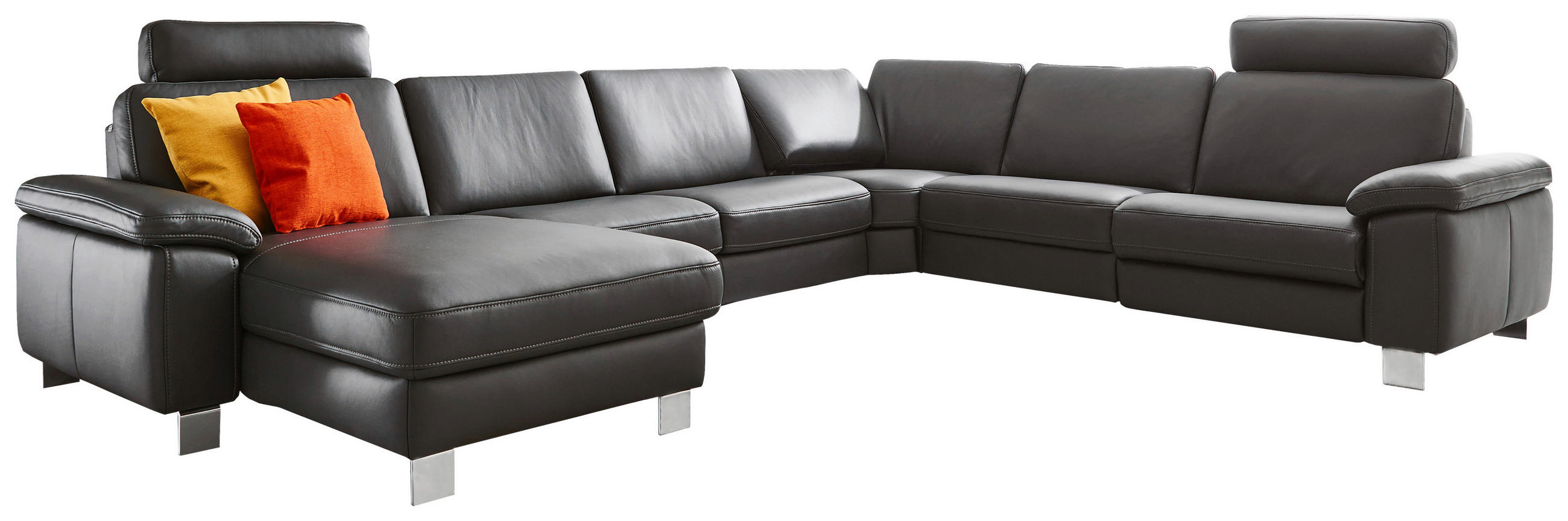 WOHNLANDSCHAFT in Echtleder Schwarz  - Chromfarben/Schwarz, Design, Leder/Metall (364/272cm) - Valdera