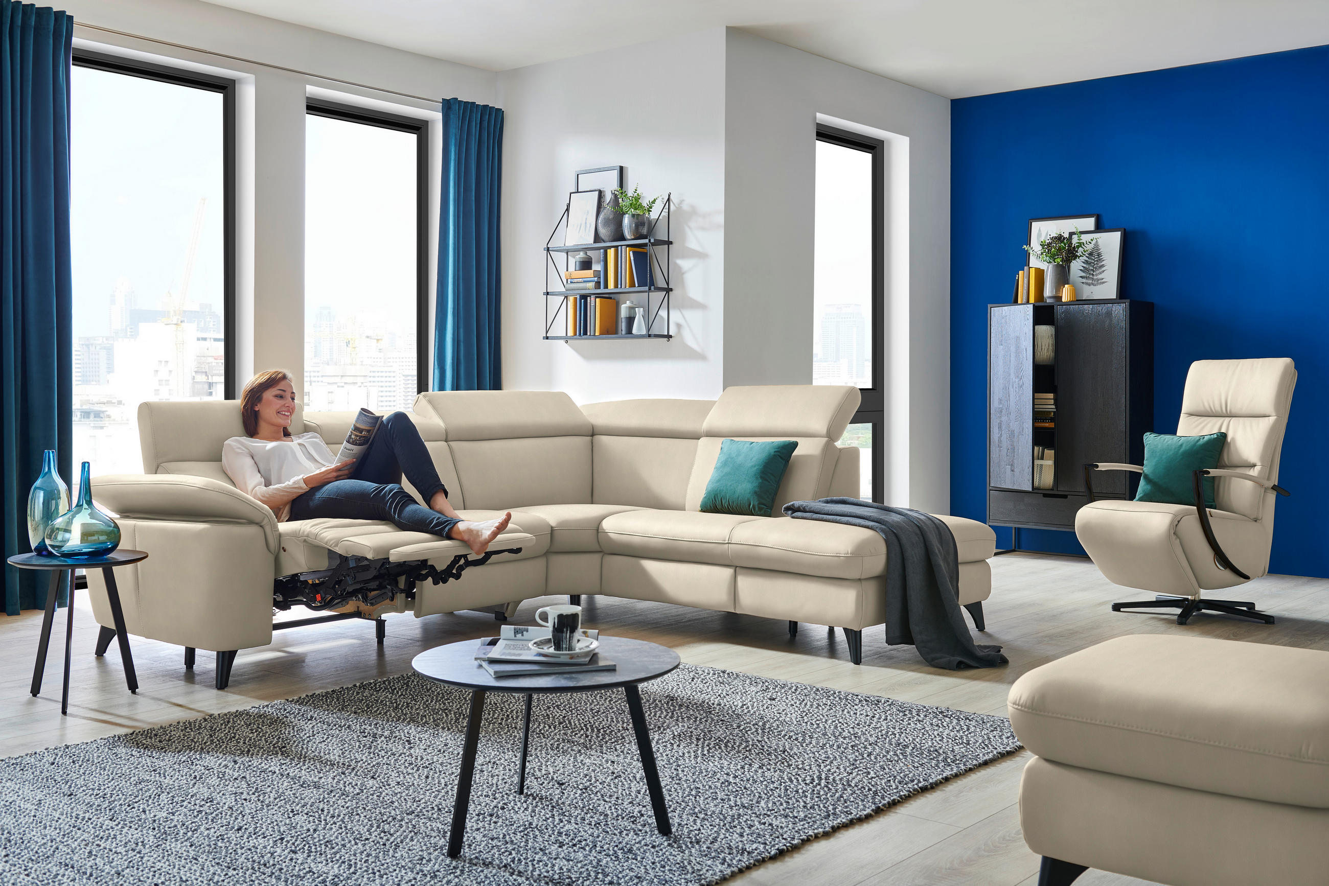ECKSOFA in Echtleder Creme  - Creme/Schwarz, Design, Leder/Metall (285/239cm) - Cantus