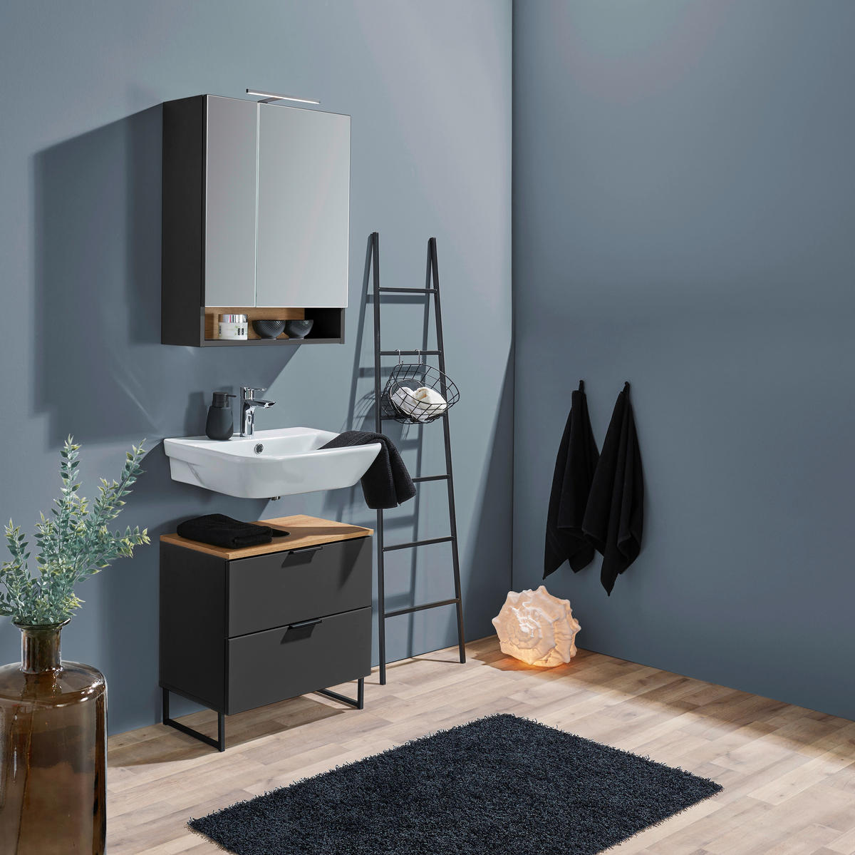 WASCHBECKENUNTERSCHRANK 60/60/35 cm  - Eichefarben/Schwarz, KONVENTIONELL, Holzwerkstoff/Metall (60/60/35cm) - home24