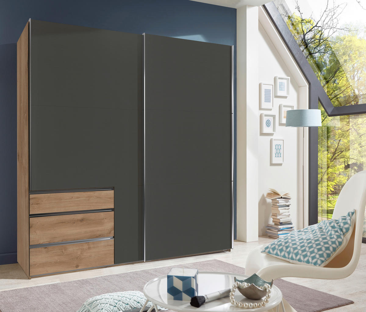 SCHWEBETÜRENSCHRANK 200/216/65 cm 2-türig Graphitfarben, Plankeneiche  - Chromfarben/Plankeneiche, MODERN, Holzwerkstoff (200/216/65cm) - MID.YOU