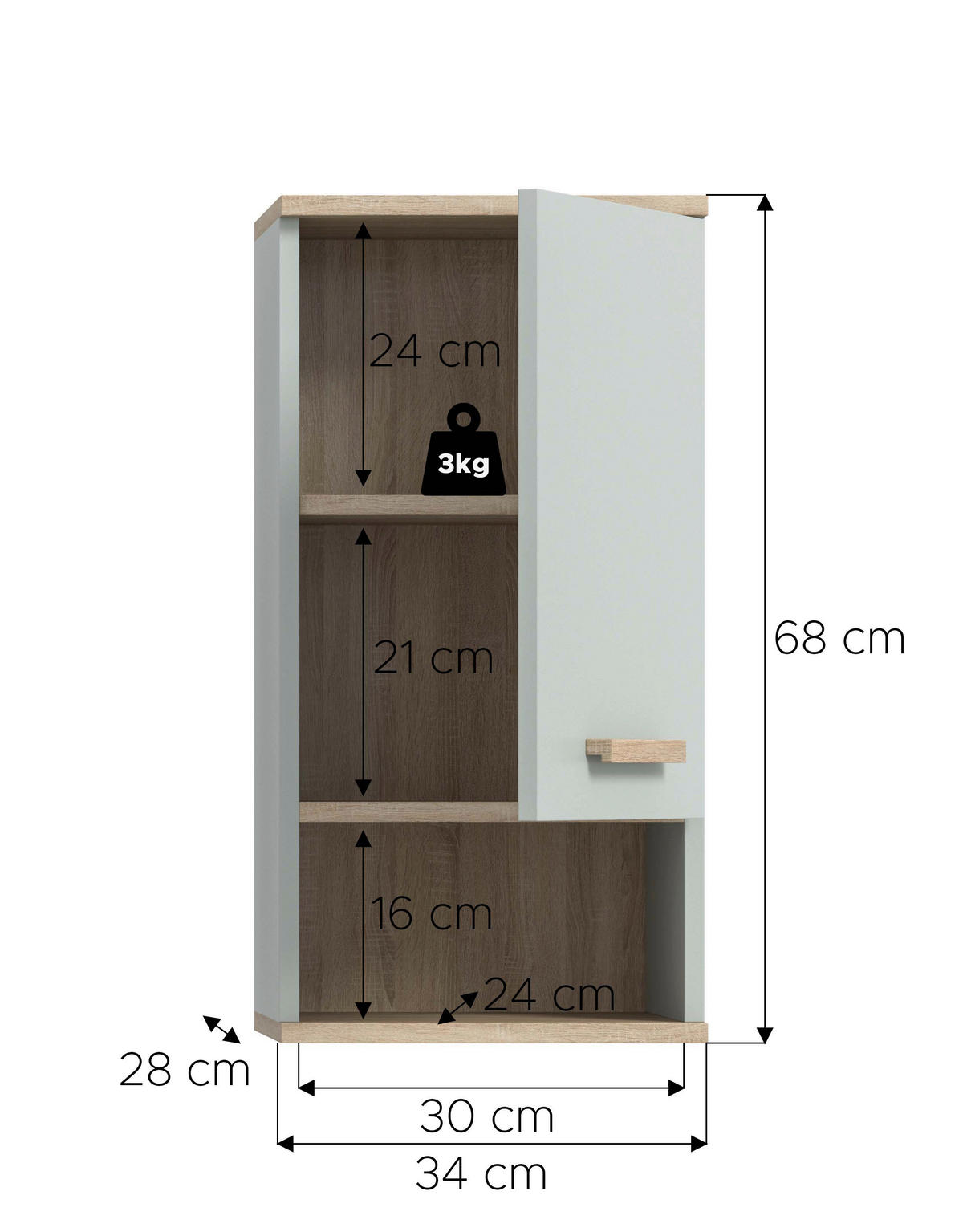 HÄNGESCHRANK 34/68/28 cm  - Graugrün/Eiche San Remo, MODERN, Holzwerkstoff/Kunststoff (34/68/28cm) - MID.YOU