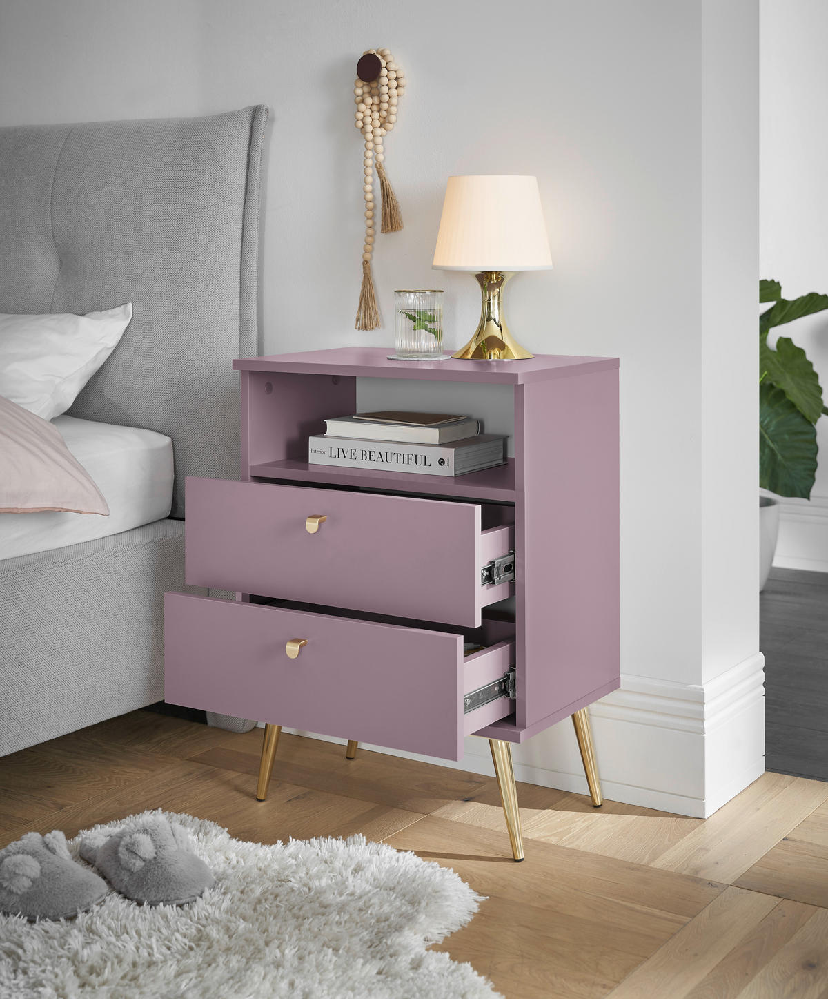 NACHTSCHRANK 50/70/34 cm  - Pflaume/Messingfarben, KONVENTIONELL, Holzwerkstoff/Metall (50/70/34cm) - Carryhome