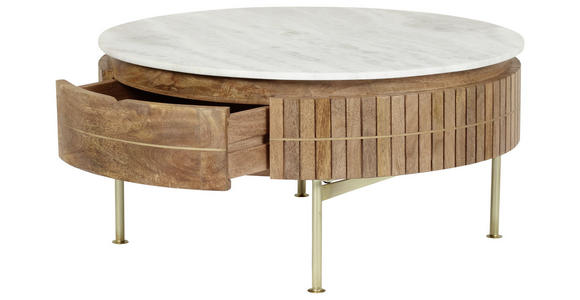 COUCHTISCH Marmor Mangoholz massiv 85/45/85 cm rund Naturfarben, Goldfarben - Goldfarben/Naturfarben, Design, Holz/Stein (85/45/85cm) - Novel