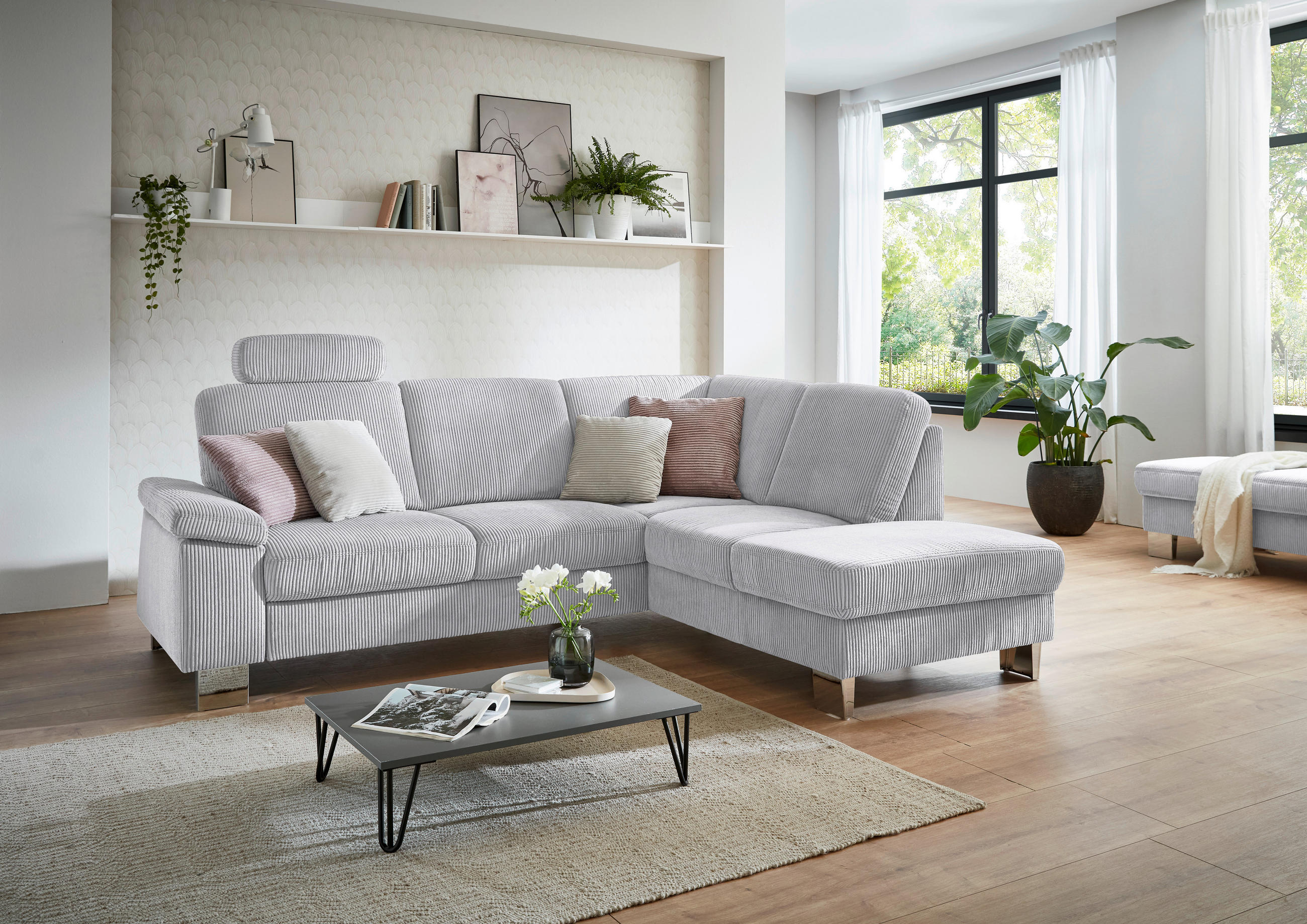 ECKSOFA in Cord Hellgrau  - Edelstahlfarben/Hellgrau, Konventionell, Textil/Metall (248/200cm) - Beldomo System