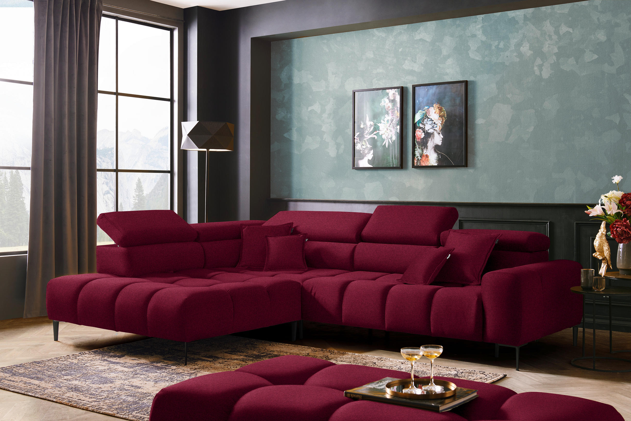 ECKSOFA in Webstoff Rot  - Rot/Schwarz, Design, Textil/Metall (216/300cm) - Welnova