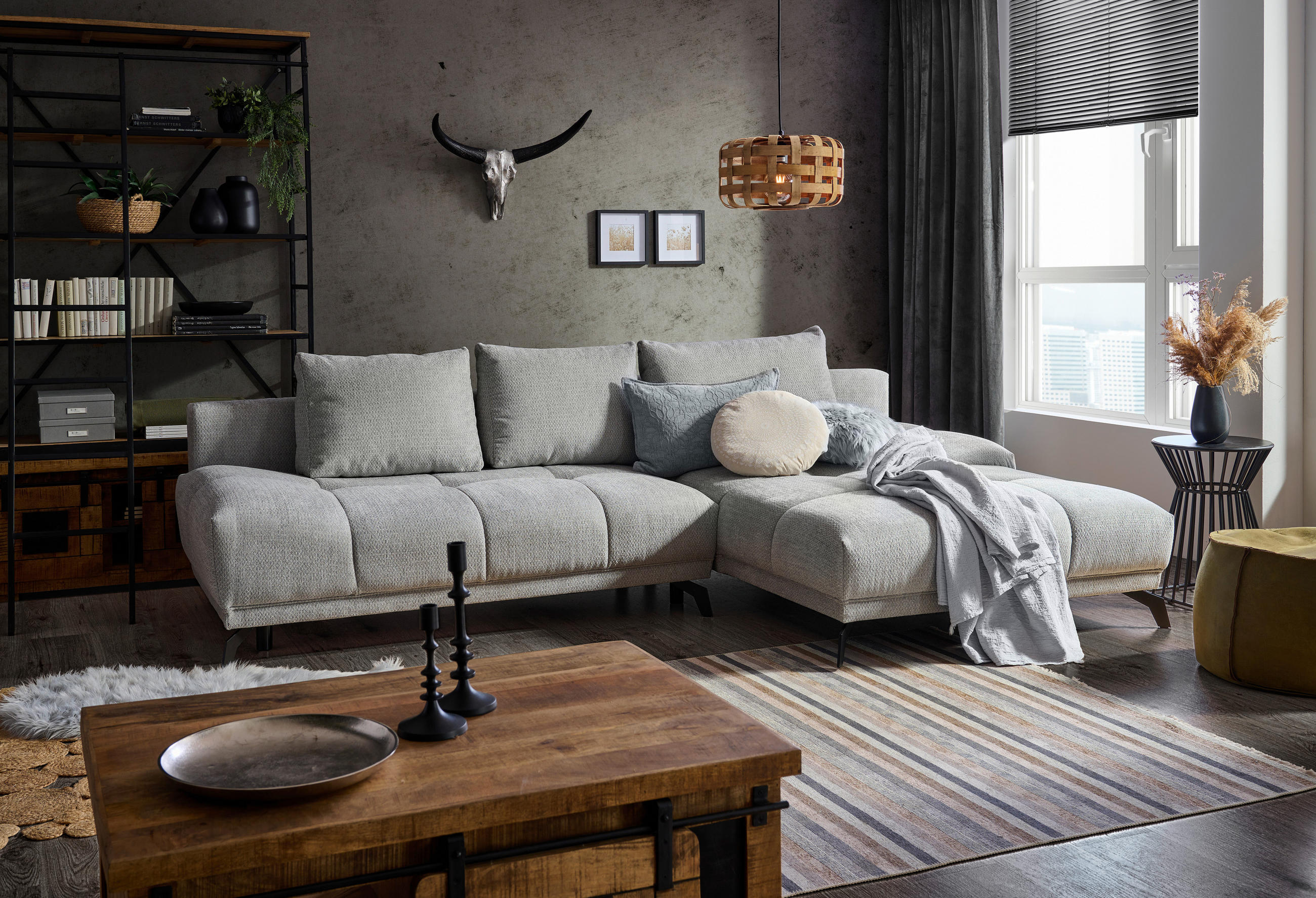 ECKSOFA in Chenille Grau  - Schwarz/Grau, Modern, Textil/Metall (290/182cm) - Hom`in