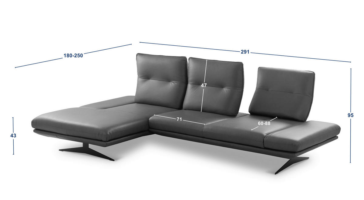ECKSOFA Kirschrot Echtleder Armteilverstellung, Kopfteilverstellung, Sitztiefenverstellung  - Schwarz/Kirschrot, Design, Leder/Metall (180/291cm) - Celina Home
