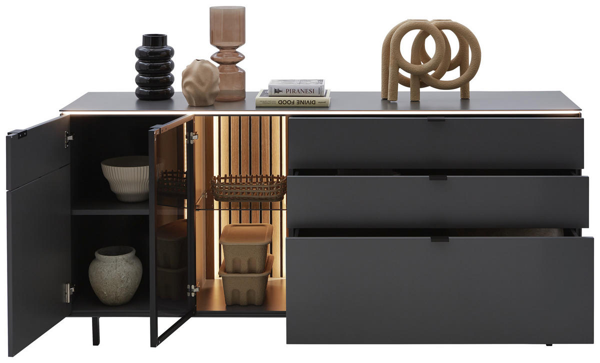 SIDEBOARD RIANI 186,2/86,1/46 cm 3 Schublade(n)  - Anthrazit/Schwarz, Design, Glas/Holz (186,2/86,1/46cm) - Dieter Knoll