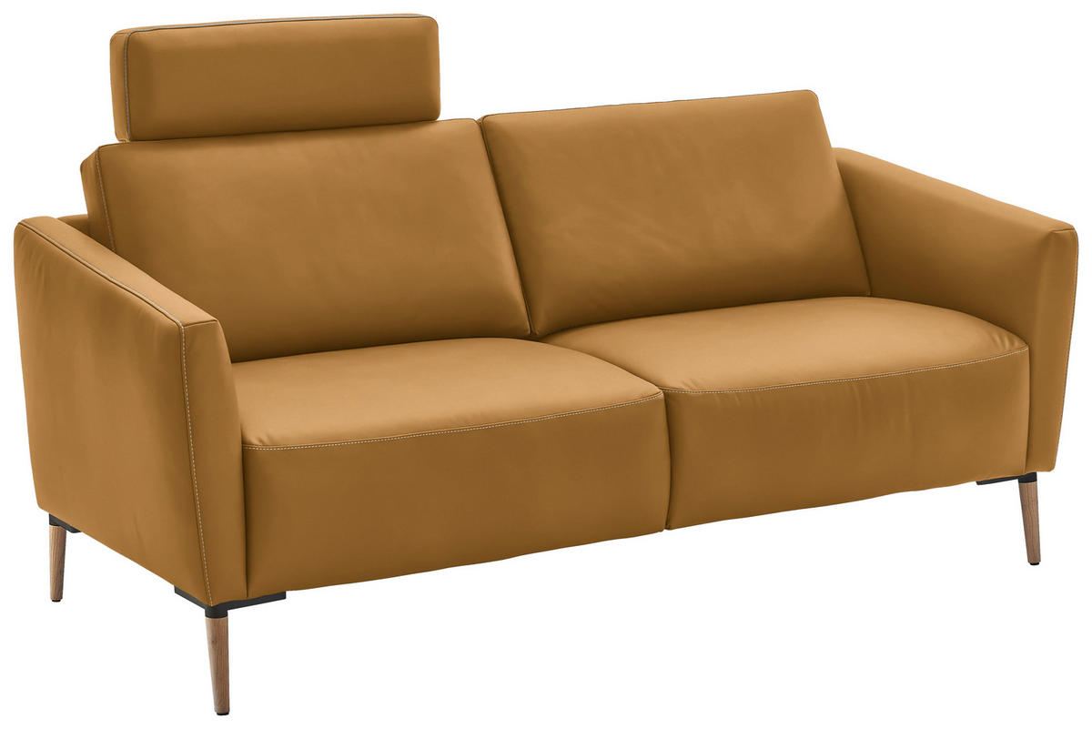 2-SITZER-SOFA Echtleder Currygelb  - Currygelb/Eichefarben, Natur, Leder/Holz (207/86/87cm) - Valnatura