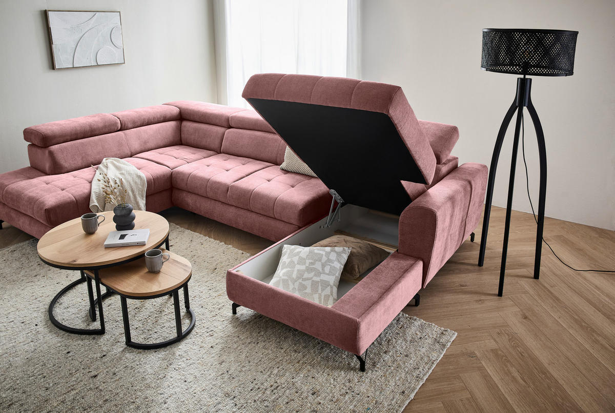 WOHNLANDSCHAFT Rosa Struktur  - Schwarz/Rosa, Design, Textil/Metall (203/327/177cm) - Stylife
