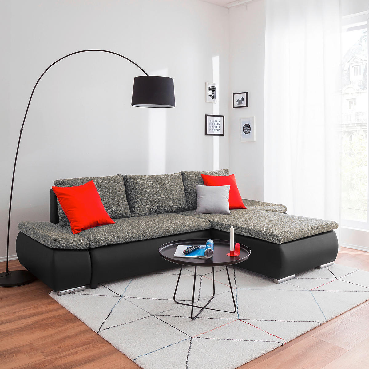 ECKSOFA Grau, Schwarz Textilgeflecht  - Chromfarben/Schwarz, Design, Textil (266/175cm) - Livetastic