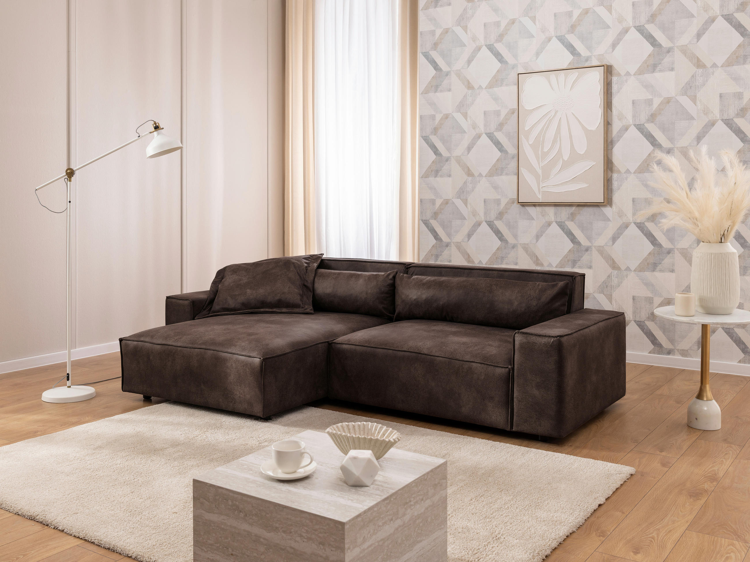 ECKSOFA Curduroy in Lederlook Dunkelbraun Rückenkissen  251/142 cm  - Dunkelbraun/Schwarz, Design, Kunststoff/Textil (251/142cm) - P & B