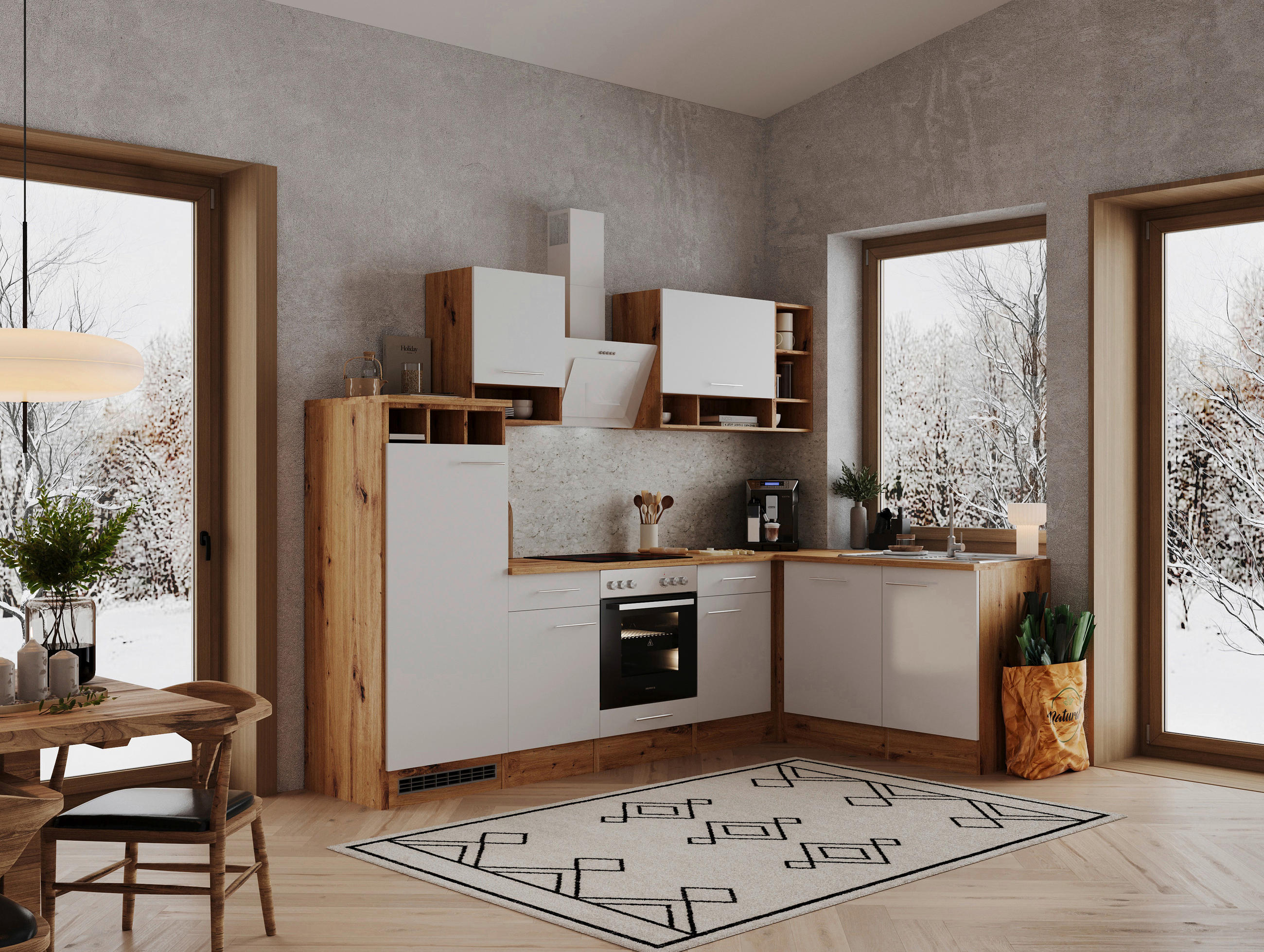 Eckküche mit Geräten 280x172cm Wildeiche Dekor/Weiß